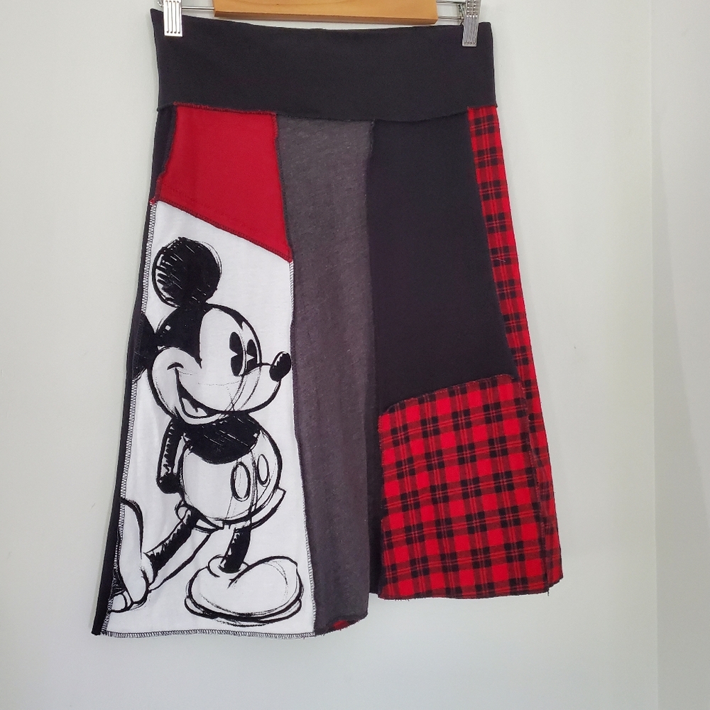 ZORREL Sz S Mickey Mouse Patchwork 23" Full Skirt Exposed Seams Cotton Plaid EUC